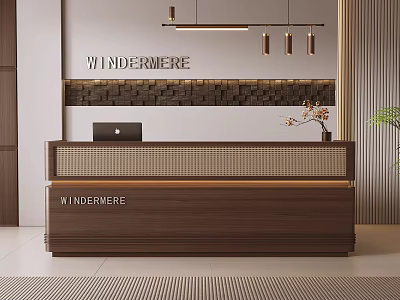 Modern Wooden Reception Desk Interior With Pendant Lights Decorative Wall And Windermere Signage 3d model