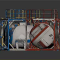 Three Industrial Equipment Units With Colored Metal Frames And Caged Containers