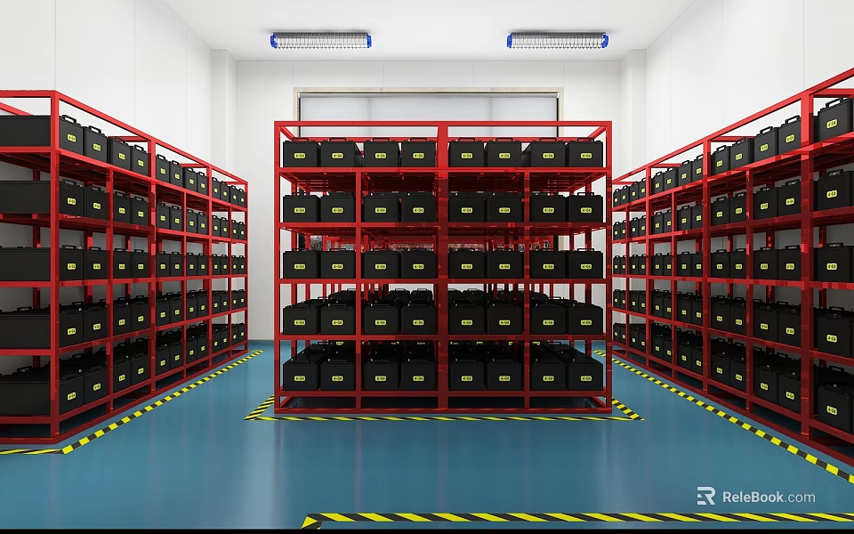 Storage Room with Red Shelves Black Boxes Blue Floor and Yellow Warning Tape 3d model 