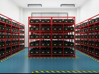 Storage Room with Red Shelves Black Boxes Blue Floor and Yellow Warning Tape 3d model