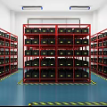 Storage Room with Red Shelves Black Boxes Blue Floor and Yellow Warning Tape