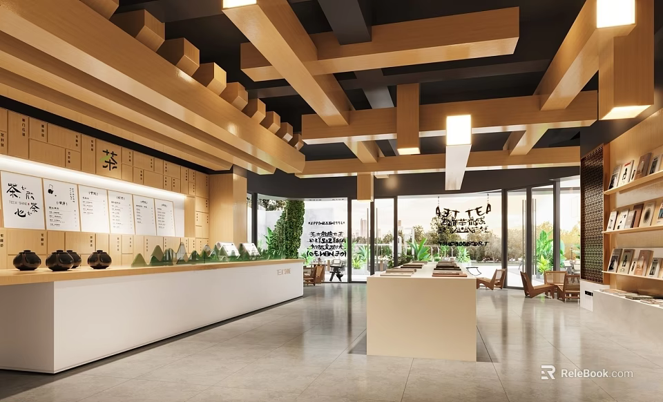 Book Art Interior Design With Wooden Ceiling Beams White Reception Desk And Green Plants 3d model 