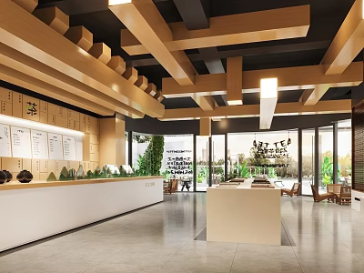 Book Art Interior Design With Wooden Ceiling Beams White Reception Desk And Green Plants 3d model