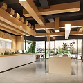 Book Art Interior Design With Wooden Ceiling Beams White Reception Desk And Green Plants