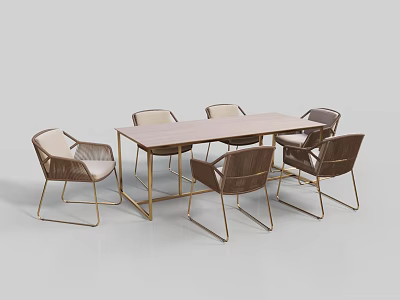 Modern Wooden Dining Table Set With Metal Frame Chairs And Beige Upholstered Seats 3d model