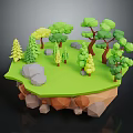 Low Poly Natural Scene With Green Grass Various Trees Gray Rocks And Brown Layers