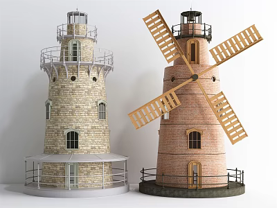 Architectural Model Components Including Lighthouse Windmill With Stone Brick And Wooden Blades 3d model