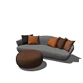 Modern Gray Curved Sofa Set With Brown Black Cushions And Round Ottoman