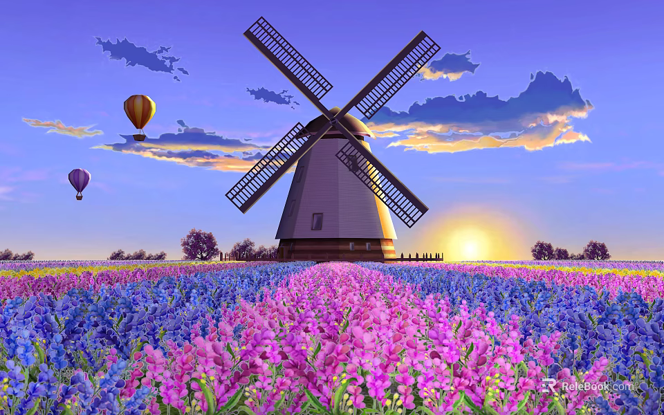 Windmill In Lavender Field With Hot Air Balloons And Sunset Sky 3d model 