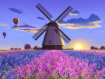 Windmill In Lavender Field With Hot Air Balloons And Sunset Sky 3d model