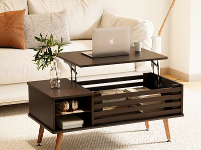 Modern Wooden Coffee Table With Lift Top Laptop Storage And Green Plant Decor 3d model
