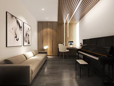 Modern Study Room Interior With Sofa Piano Desk Chair Paintings And Wooden Walls 3d model