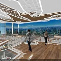 Urban Exhibition Hall With City Models Visitors Ceiling Design And Cityscape Backdrop