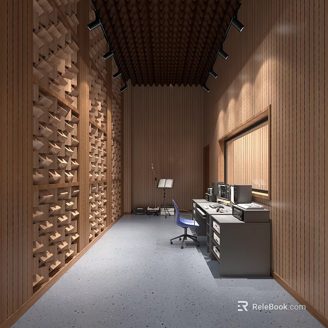Wooden Lattice Wall Music Studio With Gray Floor Desk Computers And Blue Chair 3d model 
