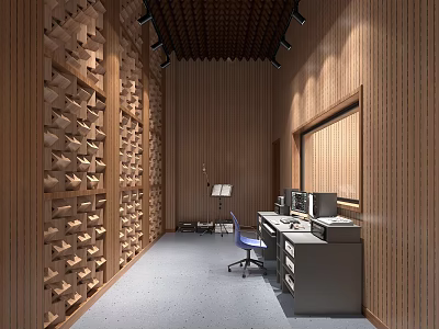 Wooden Lattice Wall Music Studio With Gray Floor Desk Computers And Blue Chair 3d model
