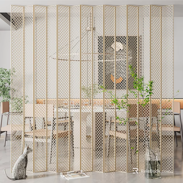 Modern Metal Mesh Room Divider Screen in Dining Area with Wooden Table and Green Plants 3d model 