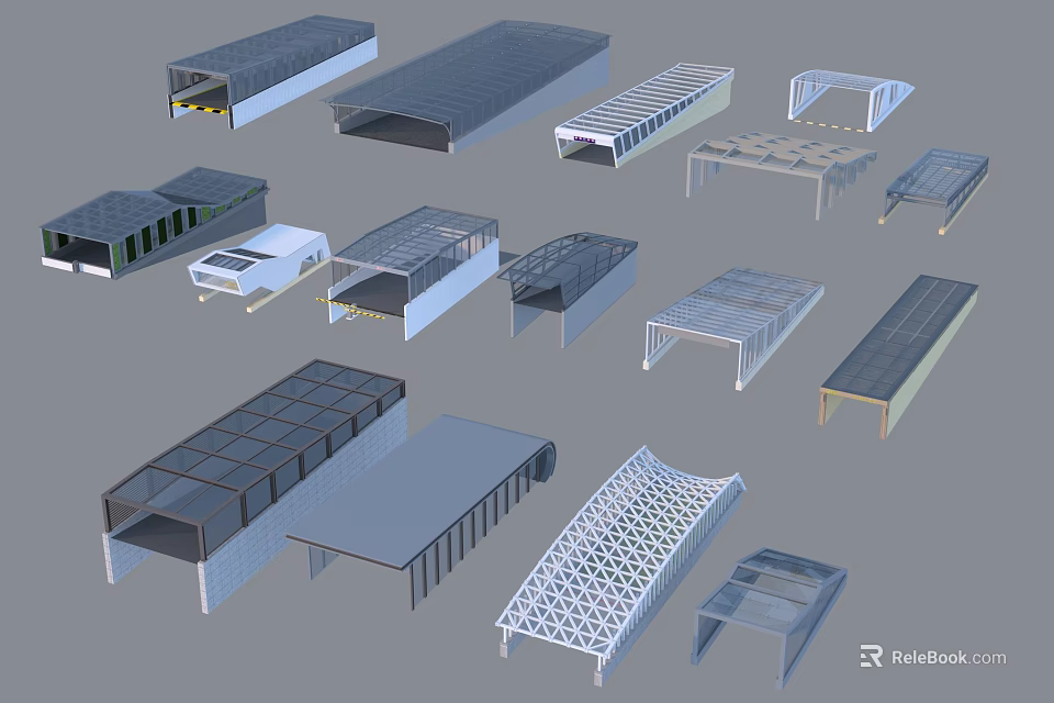 Modern Parking Lot Structures With Various Covered Roof Designs And Architectural Elements 3d model