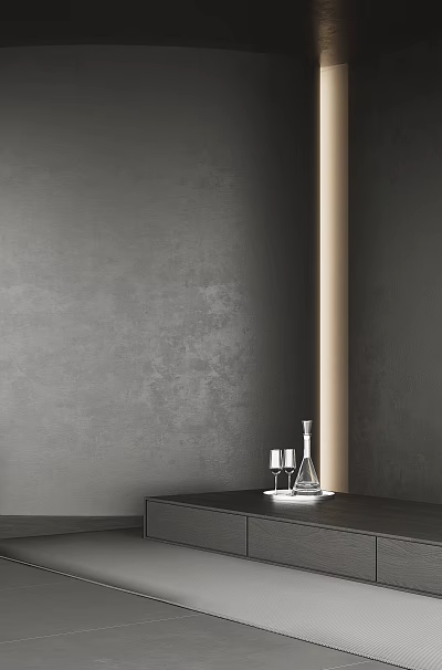 Modern Living Room Interior With Gray Wall Beige Pillar And Wine Glasses Decanter On Table 3d model