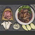 Delicious Pork Dishes with Dark Sauce Fresh Lettuce and Cucumber Slices on Tray