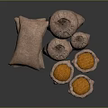 Open Burlap Sacks With Orange Grains Stacked In Various Sizes Daily Necessities