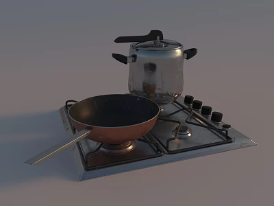 Essential Kitchenware Including Pot And Frying Pan On Gas Stove For Daily Cooking 3d model