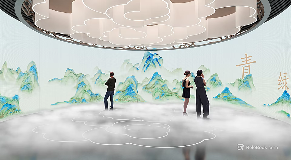 Amusement Park Area With Scenic Mountains Cloud Lights And Mist 3d model