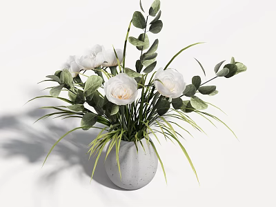 Light Gray Textured Ceramic Vase With White Flowers And Green Leaves Arrangement 3d model