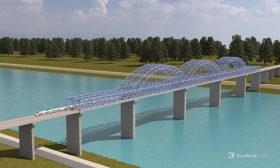 Blue Truss Bridge With Concrete Piers Spanning Water Green Trees And Train On Sky Cloud 3d model 