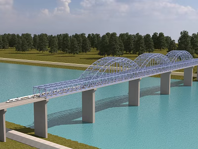Blue Truss Bridge With Concrete Piers Spanning Water Green Trees And Train On Sky Cloud 3d model