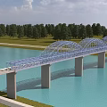 Blue Truss Bridge With Concrete Piers Spanning Water Green Trees And Train On Sky Cloud