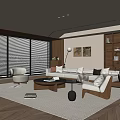 Modern Living Room Interior With Sofa Armchairs Coffee Table Bookshelf Decorative Paintings And Window Blinds