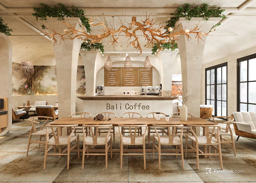 Bali Coffee Themed Restaurant With Wooden Tables Branch Chandeliers And Green Plant Decor 3d model 