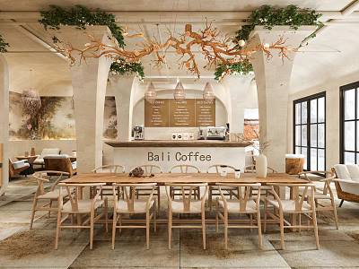 Bali Coffee Themed Restaurant With Wooden Tables Branch Chandeliers And Green Plant Decor 3d model