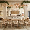 Bali Coffee Themed Restaurant With Wooden Tables Branch Chandeliers And Green Plant Decor