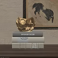 Golden Honeycomb Shaped Decorative Ornament Set With Stacked Interior Decor Books And Wall Art