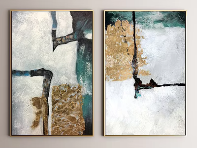 Abstract Paintings With White Green Gold Black Abstract Lines And Color Blocks 3d model