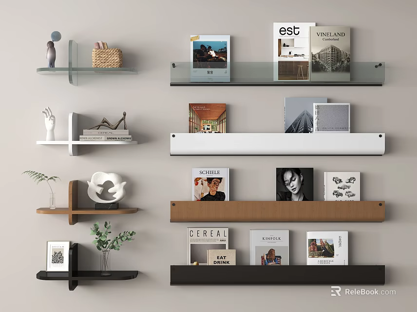 Decorative Ornament Combination On Wall Shelves With Books Photo Frames Plants And Sculptures 3d model 