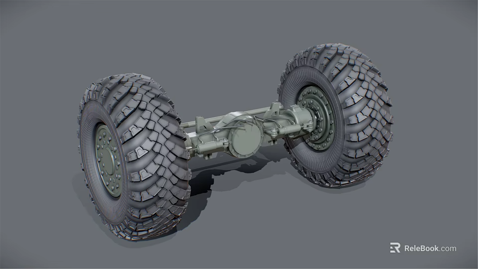 Off Road Tires With Deep Tread And Axle Mechanical Components Assembly 3d model