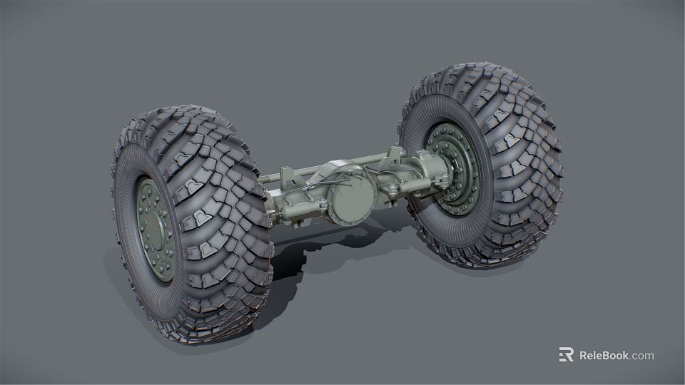 Off Road Tires With Deep Tread And Axle Mechanical Components Assembly 3d model 
