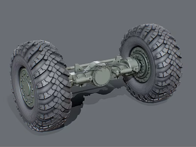 Off Road Tires With Deep Tread And Axle Mechanical Components Assembly 3d model