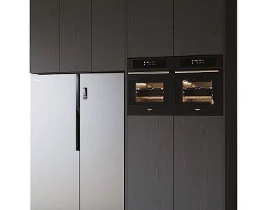 Modern Kitchen Design With Integrated Refrigerator Cabinet Wooden Cabinetry And Stainless Steel Finish 3d model