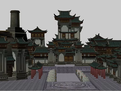 Chinese Traditional Architecture With Ancient Multi Story Pavilion Green Tiled Rooftop And Stone Courtyard 3d model