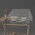 Wooden Toy Kitchen Set With Folding Table Cabinet Stove Pots Plates And Cups