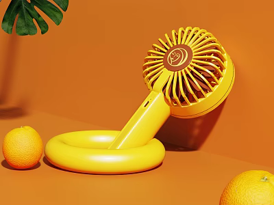 Cute Yellow Portable Fan with Circular Base on Orange Background and Fresh Oranges Monstera Leaf 3d model