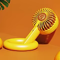 Cute Yellow Portable Fan with Circular Base on Orange Background and Fresh Oranges Monstera Leaf