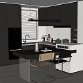 Modern Restaurant Kitchen Interior With Dark Cabinets Island Counter Appliances Dining Table And Chairs