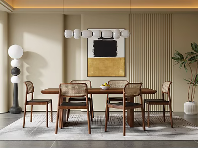 Modern Open Concept Restaurant Interior With Dining Table Chairs And Pendant Lights 3d model