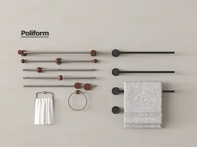 Poliform Modern Bathroom Accessories With Wooden Black Metal Towel Bars Rings And Towels 3d model