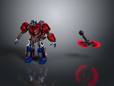 Red And Blue Robot Game Movie Character With Flying Drone And Metallic Armor 3d model