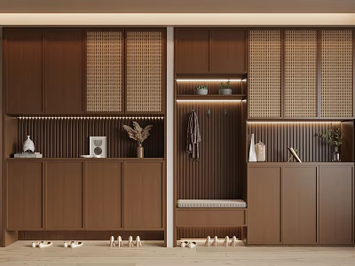 Modern Wooden Shoe Cabinet with Storage Hanging Area Bench and Decorative Plants 3d model